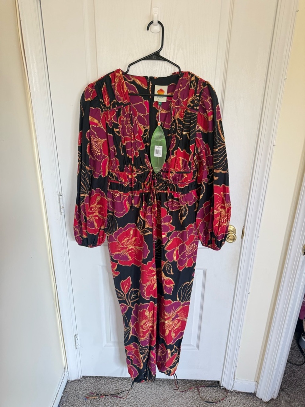 Farm Rio NEW Black Shiny Chita Long Sleeve V Neckline Jumpsuit - Picture 5 of 8